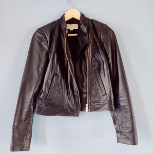 Michael Kors Black Leather Jacket Fitted Silhouette Full Front Zipper
